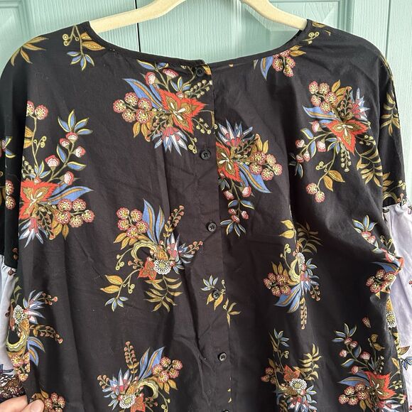 LOFT Womens Floral Puff Sleeve Blouse Large Button Back Cottagecore Black Blue - Picture 11 of 13